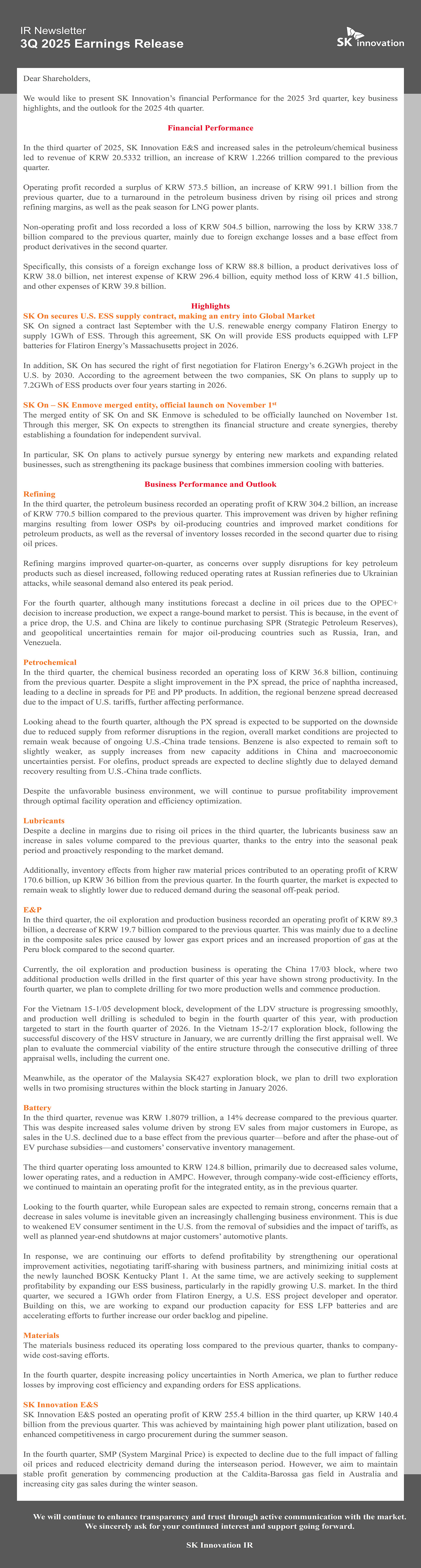 SK Innovation_Earnings Release_IR Newsletter_3Q25_English