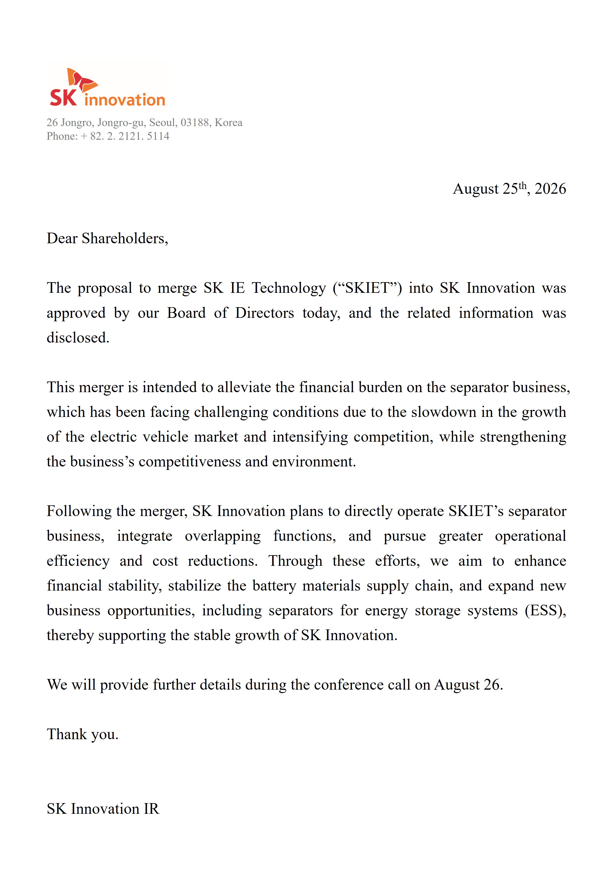 Merger with SK IE Technology