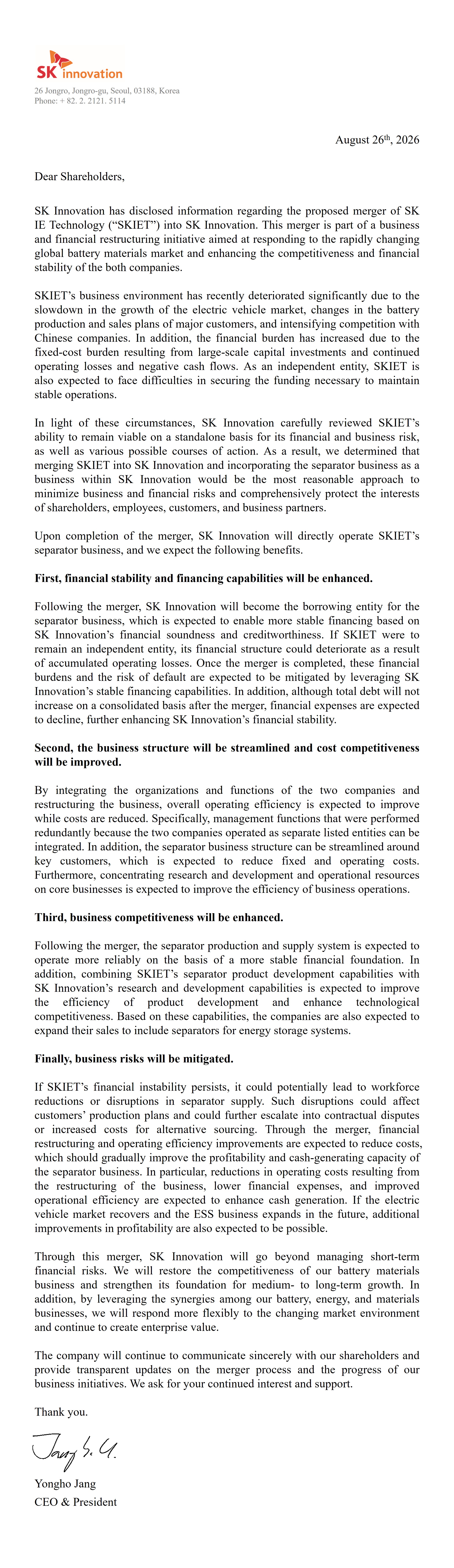 Shareholder Letter from CEO: Merger with SK IE Technology