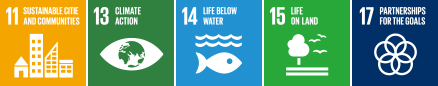 SUSTAINABLE CITIES AND COMMUNITIES, 13. CLIMATE ACTION, 14. LIFE BELOW WATER, 15.LIFE ON LAND 17. PARTNERSHIPS FOR THE GOALS